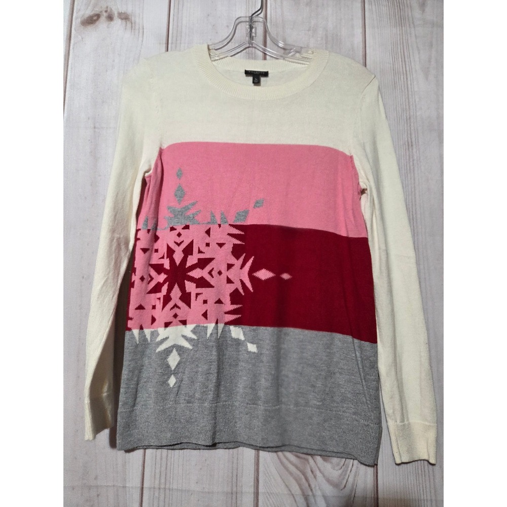 Talbots Petites Snowflake Colorblock Sweater Pink Red Grey Ivory SP Winter Snow